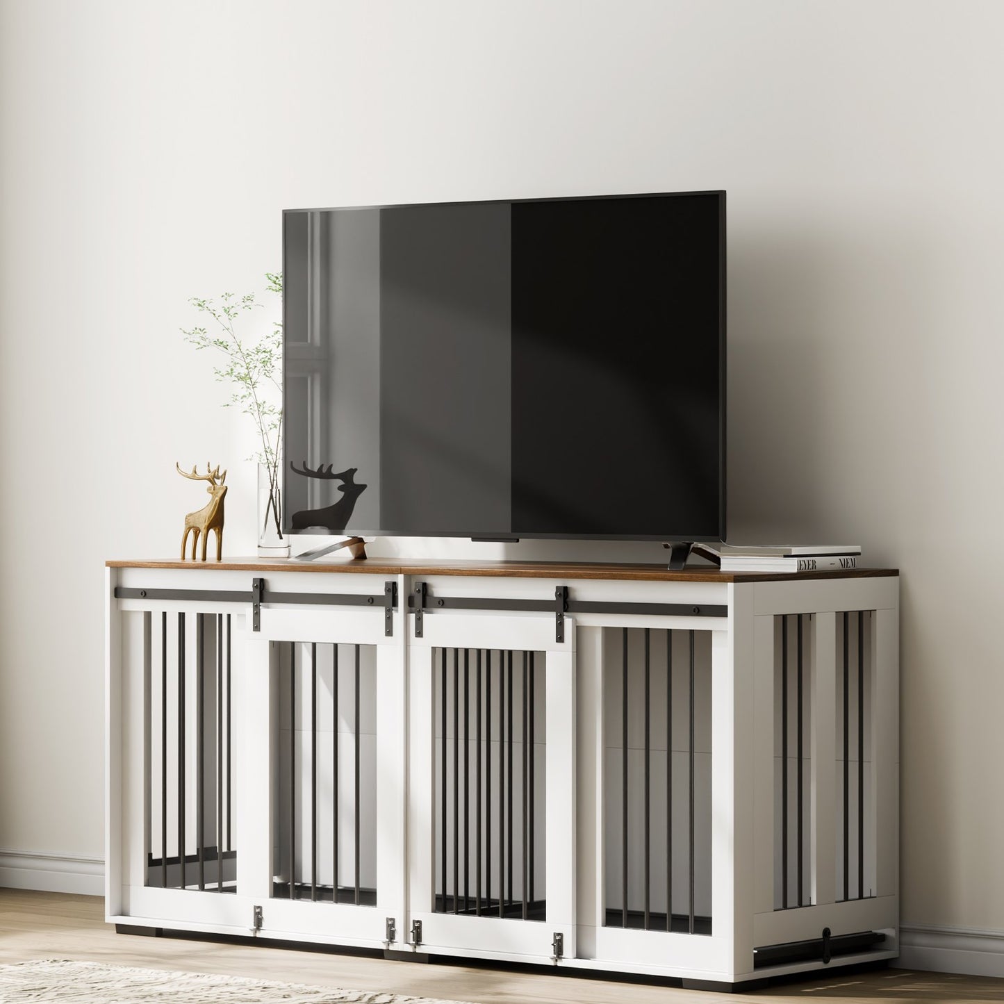 72" Double Dog Crate Furniture | Large Wooden Kennel TV Stand