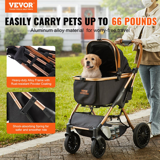 Luxury 4-Wheel Pet Stroller | All-Terrain PU Wheels & 66 lbs Weight Capacity