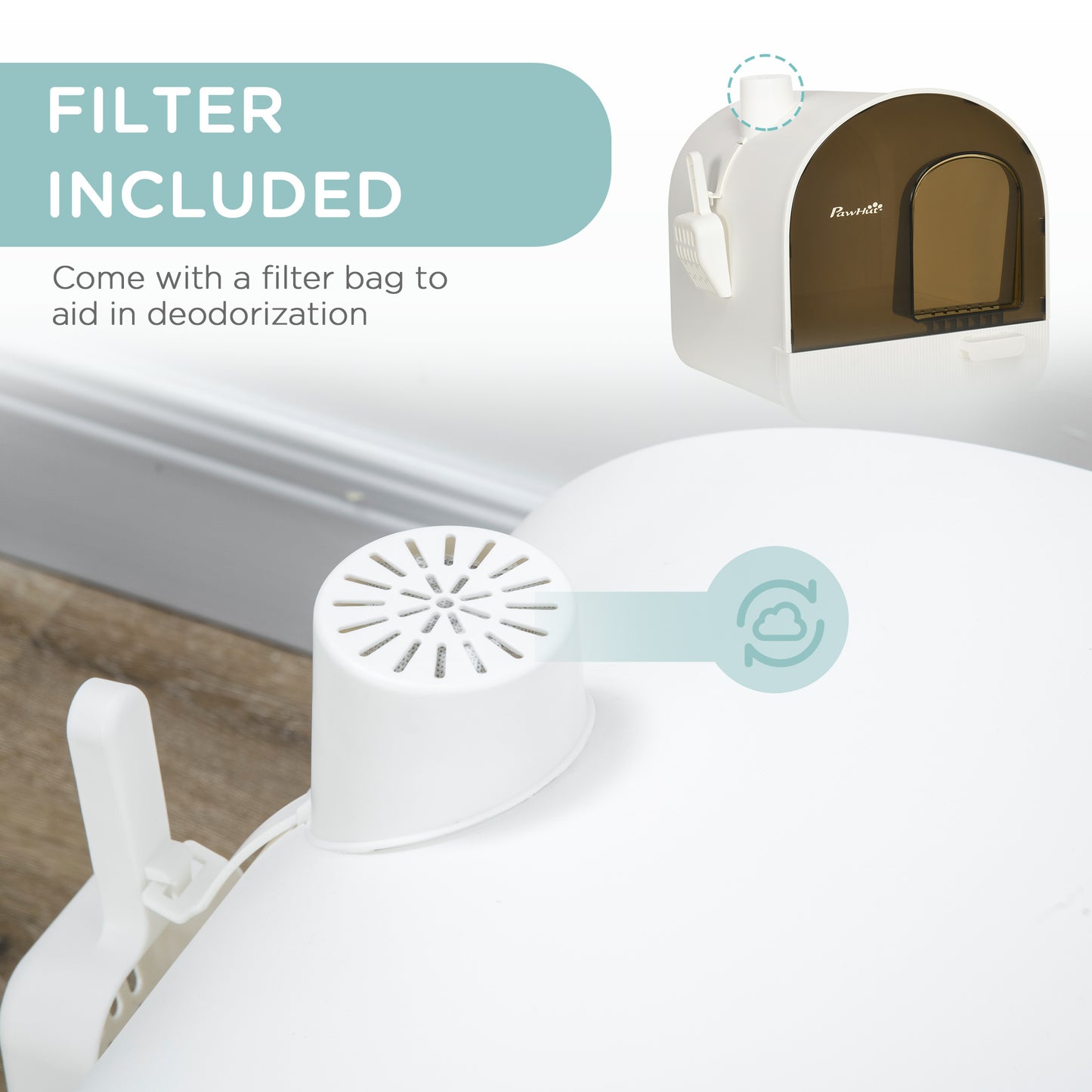 White Hooded Cat Litter Box | Odor Control Filter & Scoop Included