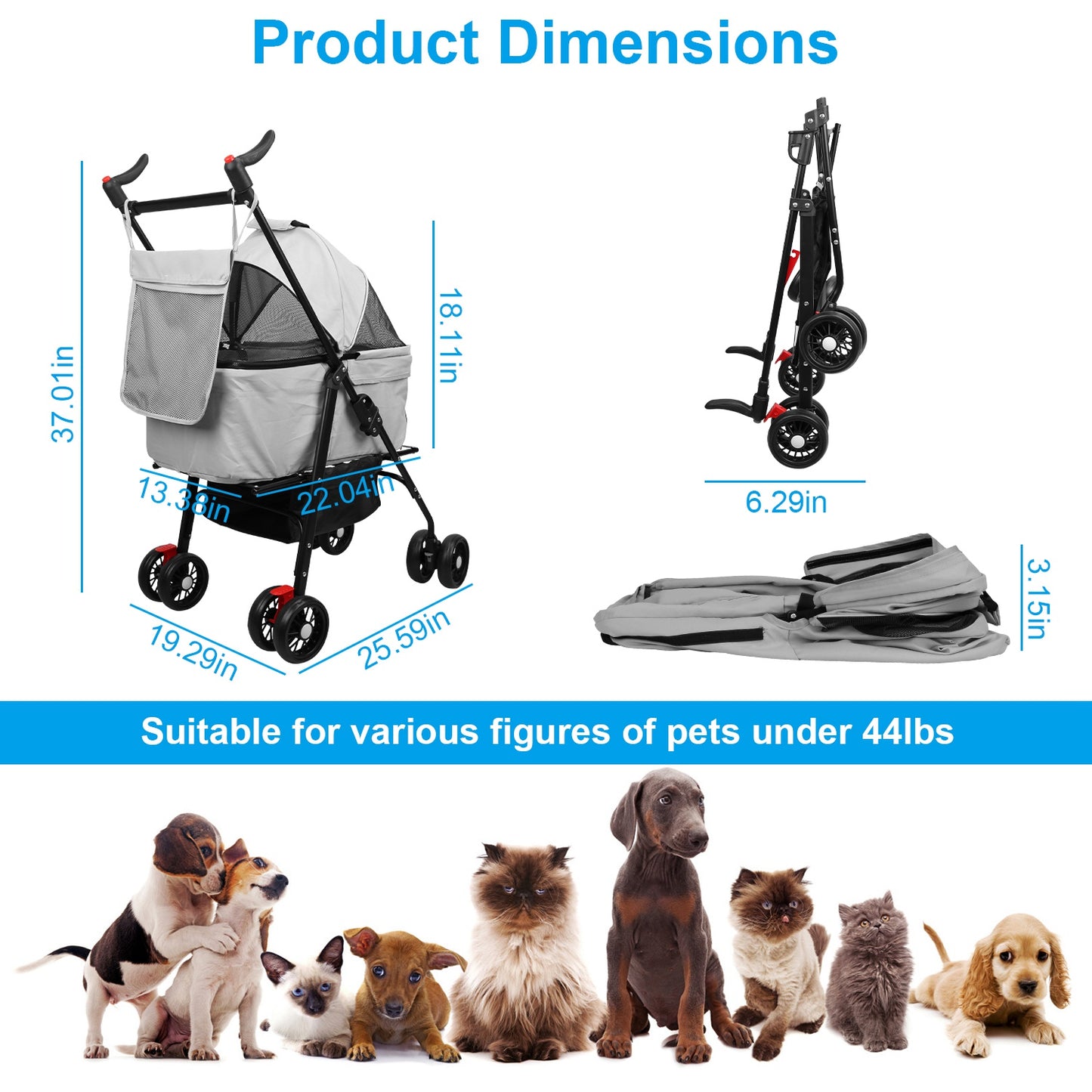 4-Wheel Pet Stroller | Foldable Cart with Removable Liner