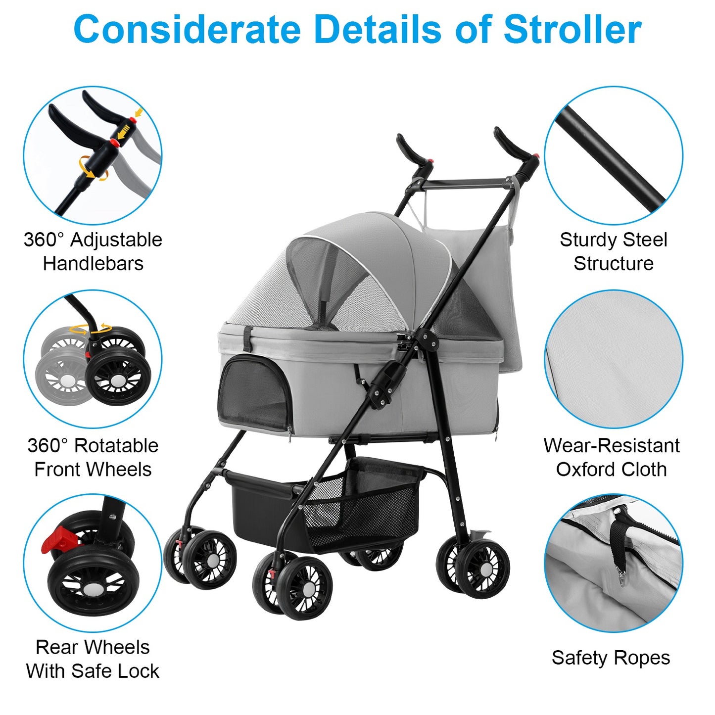 4-Wheel Pet Stroller | Foldable Cart with Removable Liner
