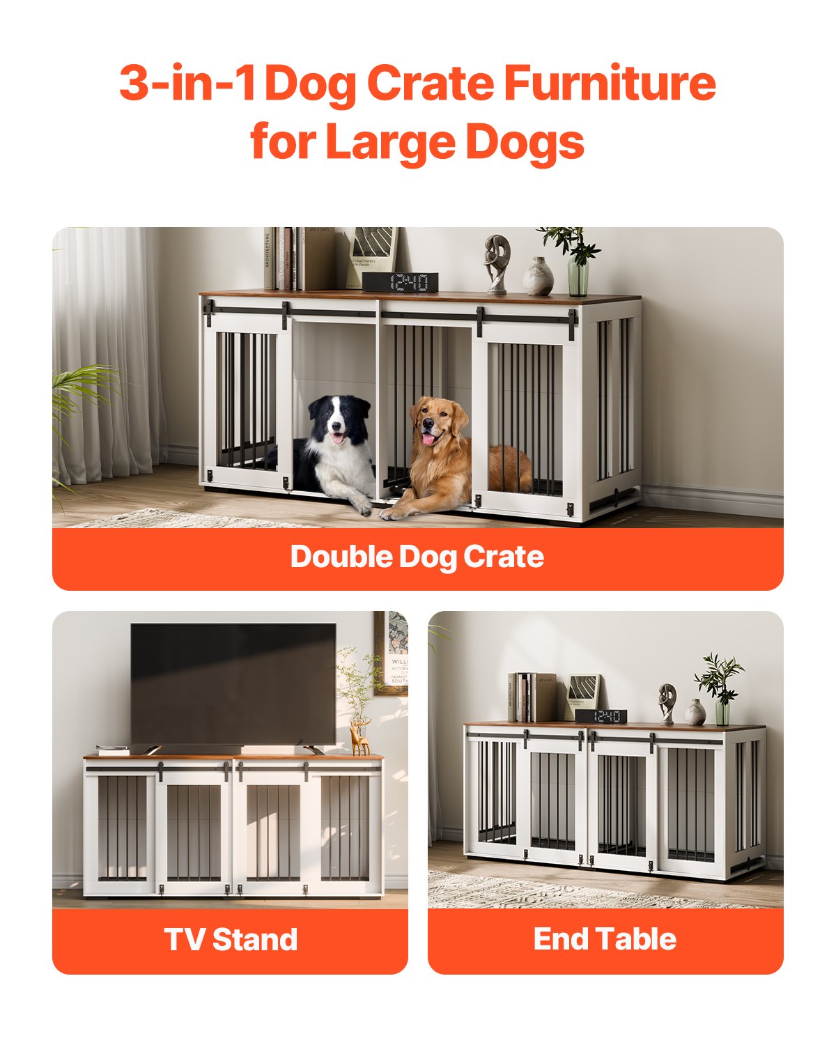 72" Double Dog Crate Furniture | Large Wooden Kennel TV Stand