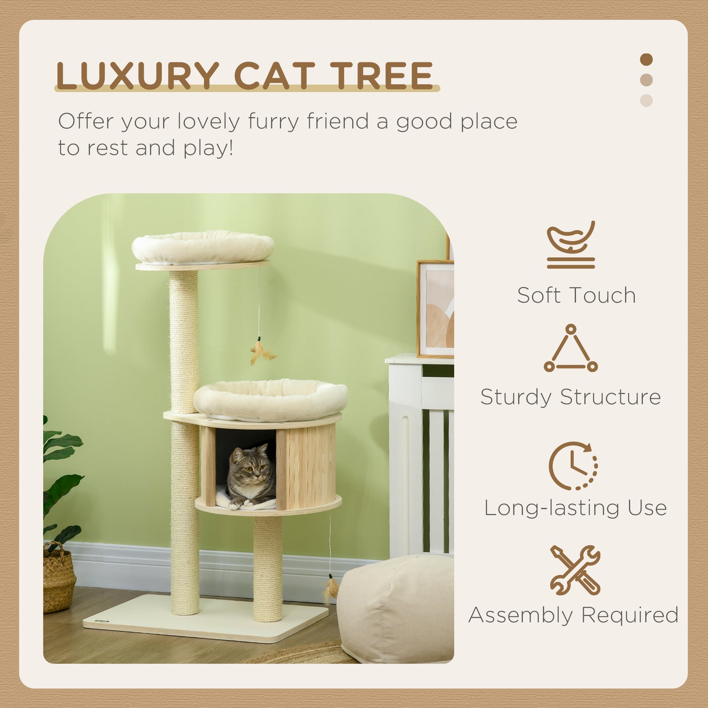3-Level Cat Tree Tower with Condo & Bed | Interactive Badminton Toy & Scratcher
