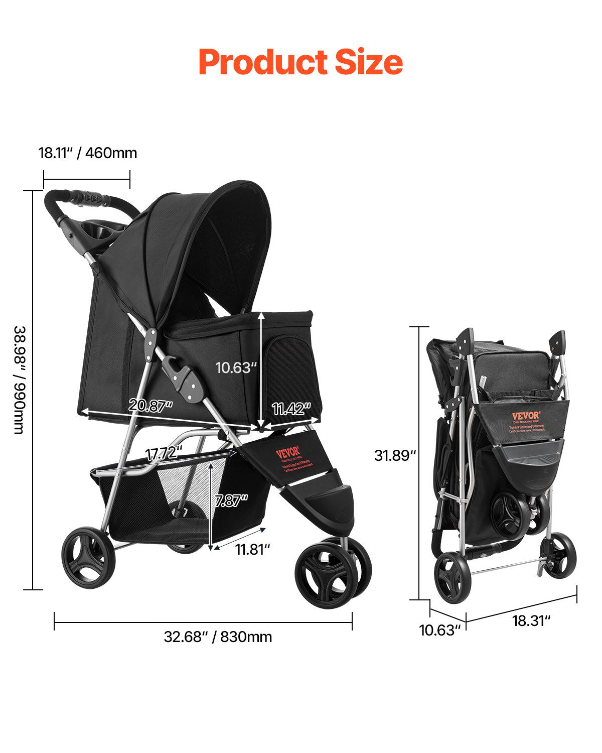 3-Wheel Pet Stroller | Foldable Outdoor Jogger up to 35lbs
