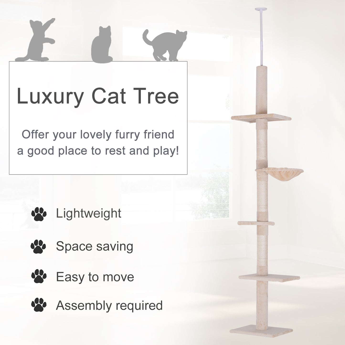 102" Adjustable Floor-to-Ceiling Cat Tree | 5-Level Vertical Cat Tower with Hammock