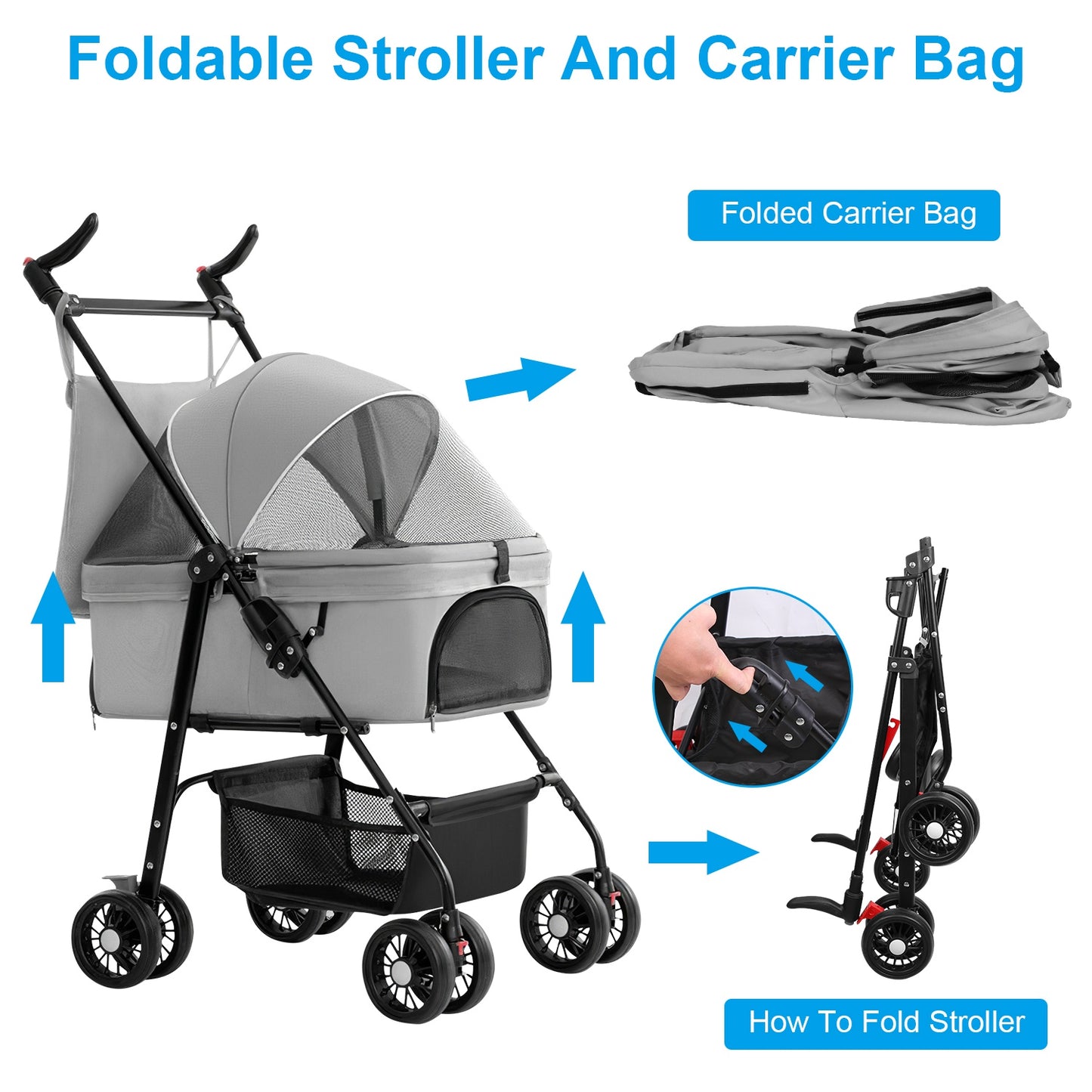4-Wheel Pet Stroller | Foldable Cart with Removable Liner
