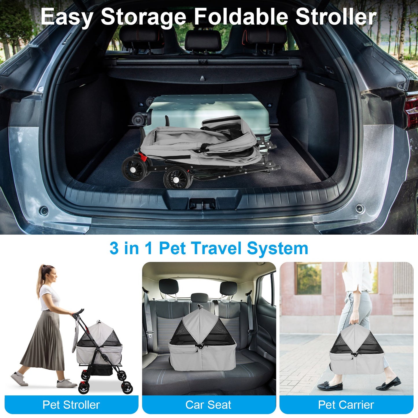 4-Wheel Pet Stroller | Foldable Cart with Removable Liner