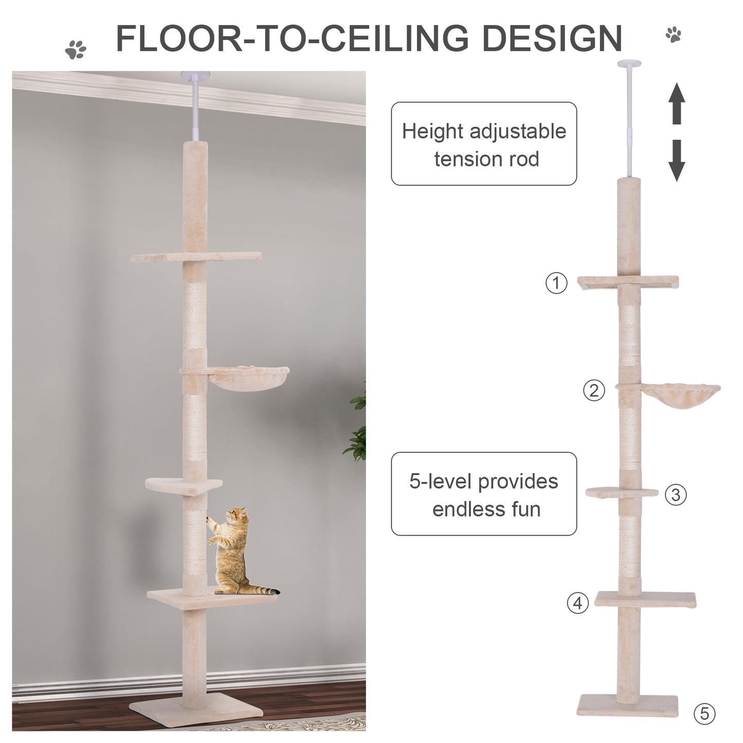 102" Adjustable Floor-to-Ceiling Cat Tree | 5-Level Vertical Cat Tower with Hammock