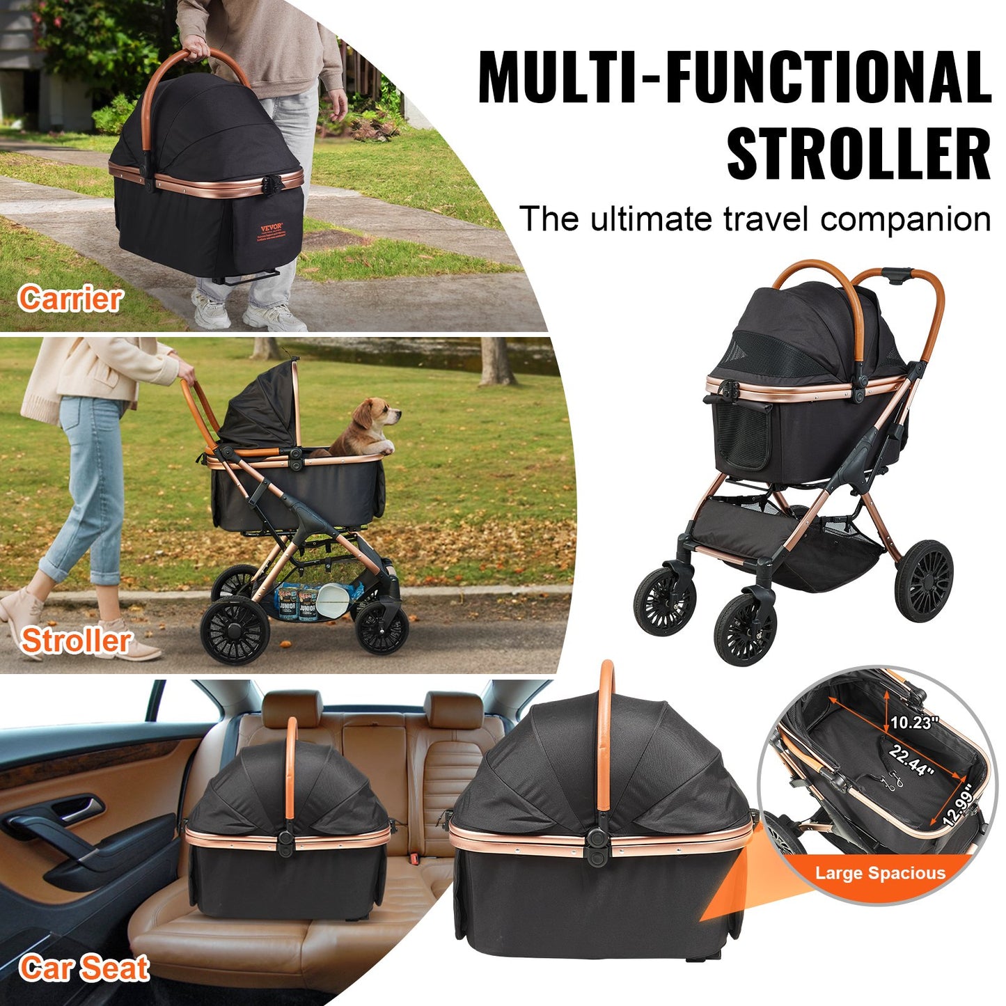 66lbs Heavy Duty Pet Stroller | Detachable Carrier 4-Wheel Black