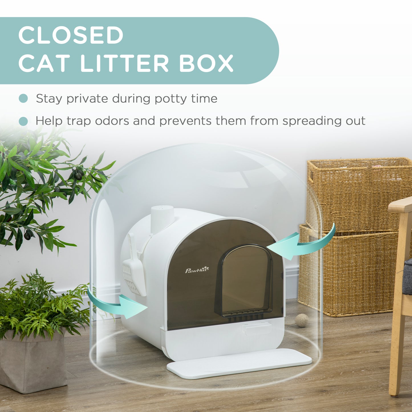 White Hooded Cat Litter Box | Odor Control Filter & Scoop Included
