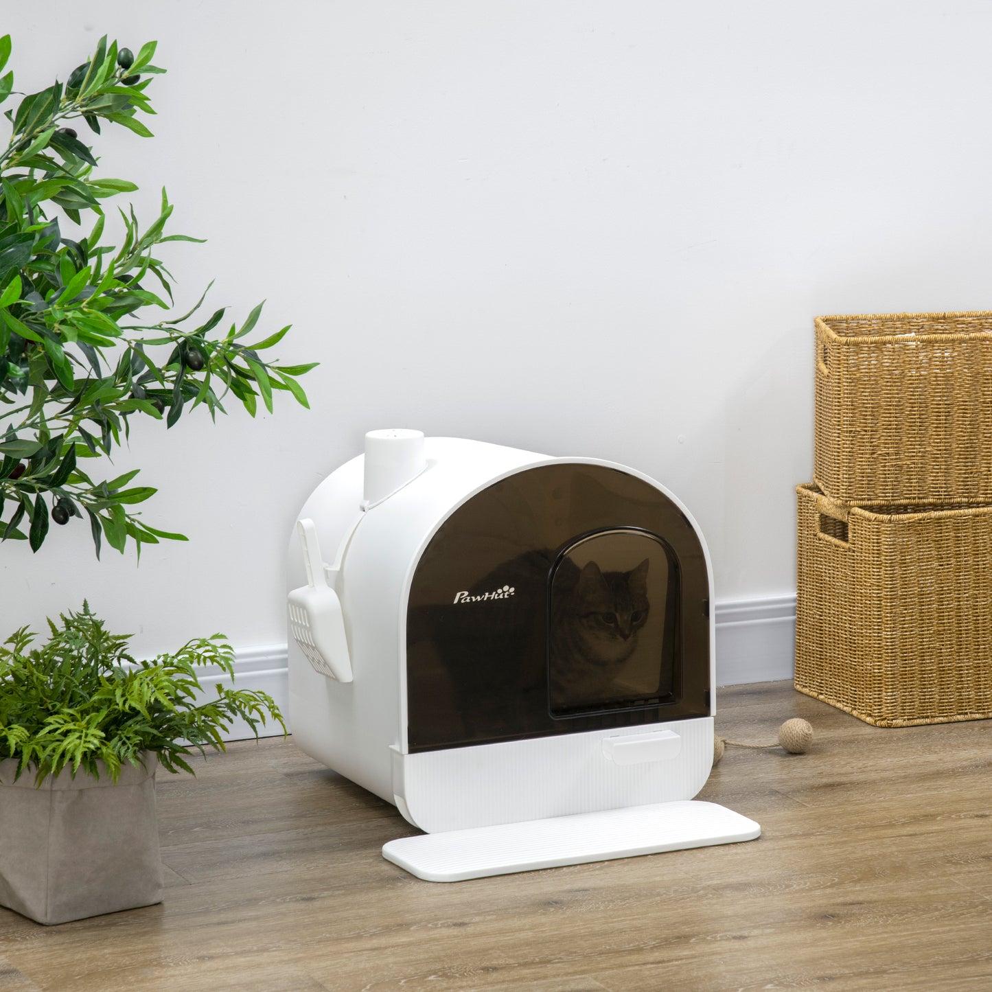 White Hooded Cat Litter Box | Odor Control Filter & Scoop Included