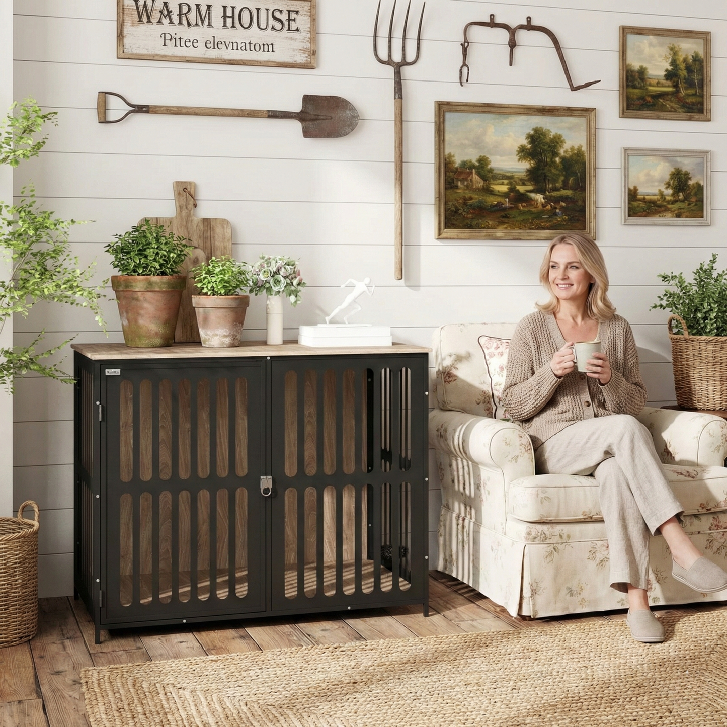 39" Walnut Dog Crate Furniture | Anti-Chew Mesh Kennel Table