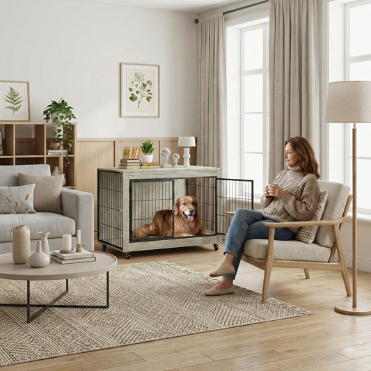 39" Dog Crate Furniture Side Table | Large Kennel with Wheels