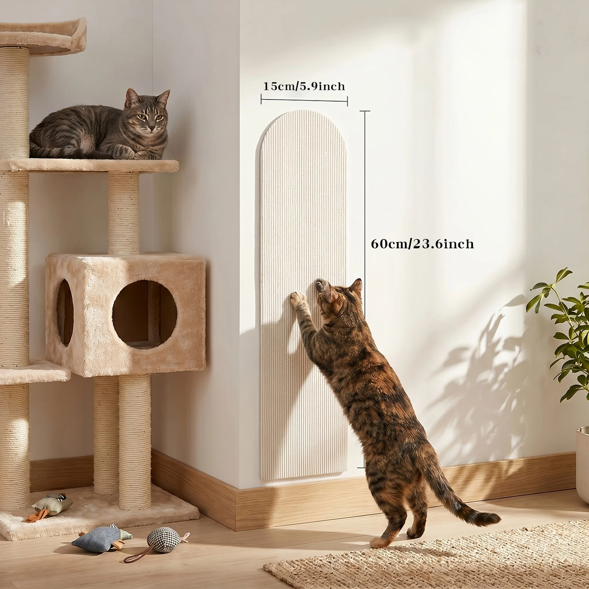 Stop sofa shredding without covering your home in ugly plastic wrap. Give your cat a full-body vertical stretch that actually complements your decor.