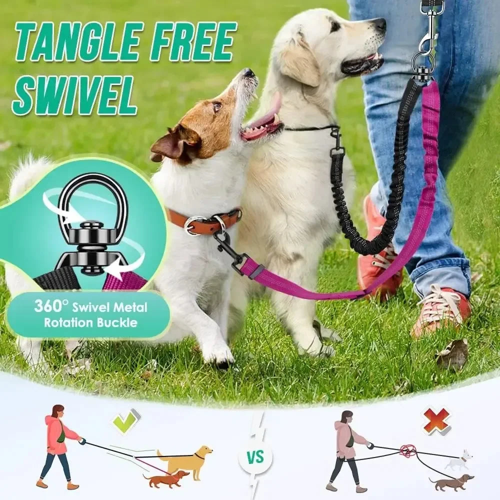 Restore peace and harmony to your daily walks. An innovative, tangle-free dual leash system that elegantly balances the different energies of your dogs while repurposing your favorite old leash.
