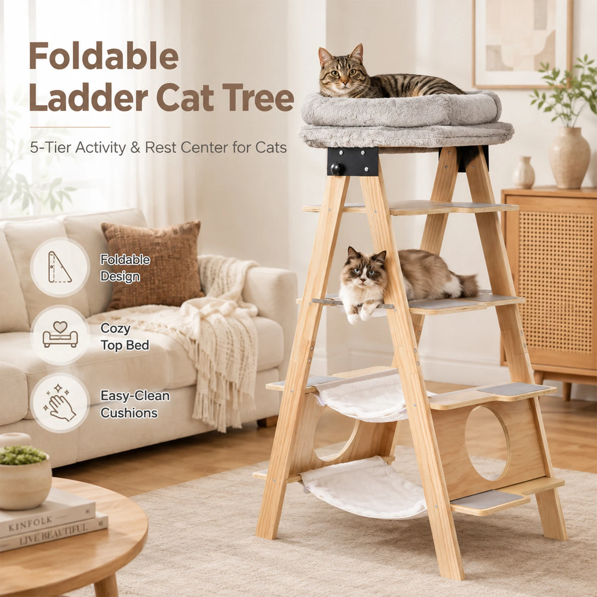 Stop surrendering your living room to carpeted, hair-trapping eyesores. Give your cats the high-vantage playground they crave—in a solid wood, foldable ladder tower that looks gorgeous in any corner or window