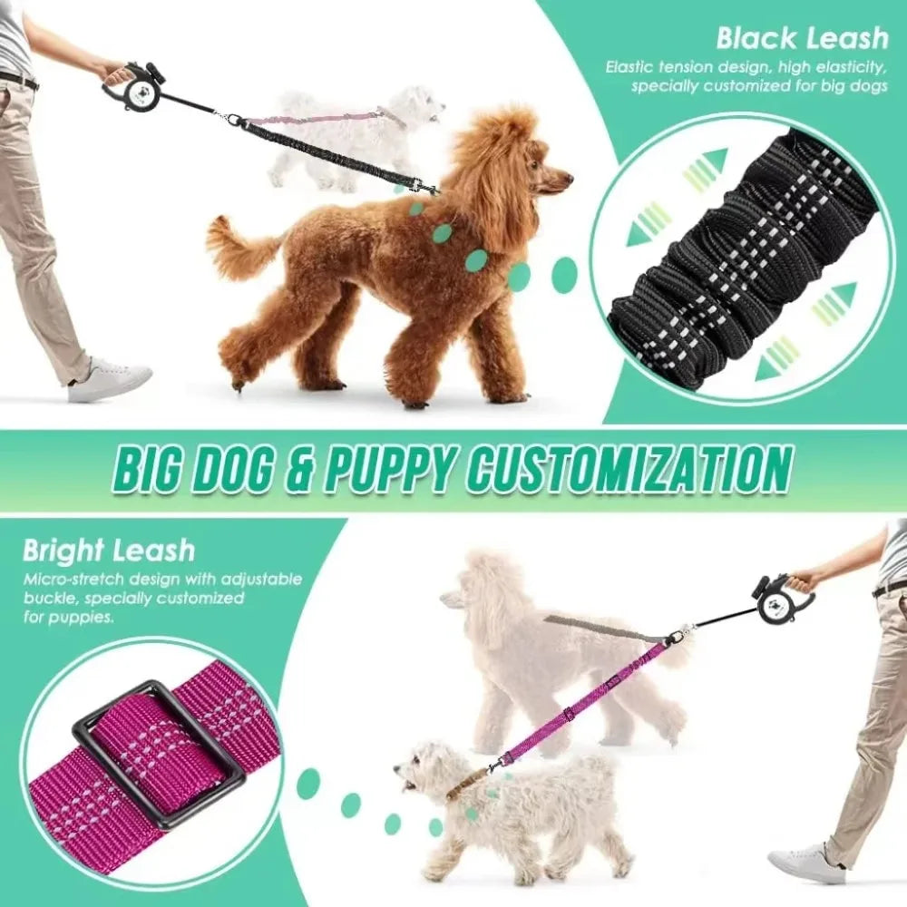 Restore peace and harmony to your daily walks. An innovative, tangle-free dual leash system that elegantly balances the different energies of your dogs while repurposing your favorite old leash.