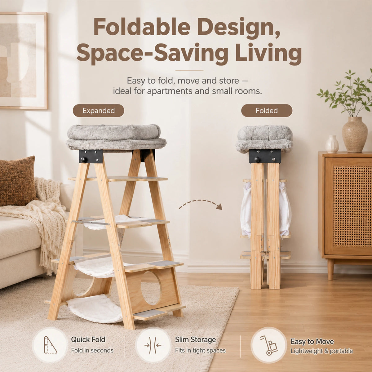 Stop surrendering your living room to carpeted, hair-trapping eyesores. Give your cats the high-vantage playground they crave—in a solid wood, foldable ladder tower that looks gorgeous in any corner or window