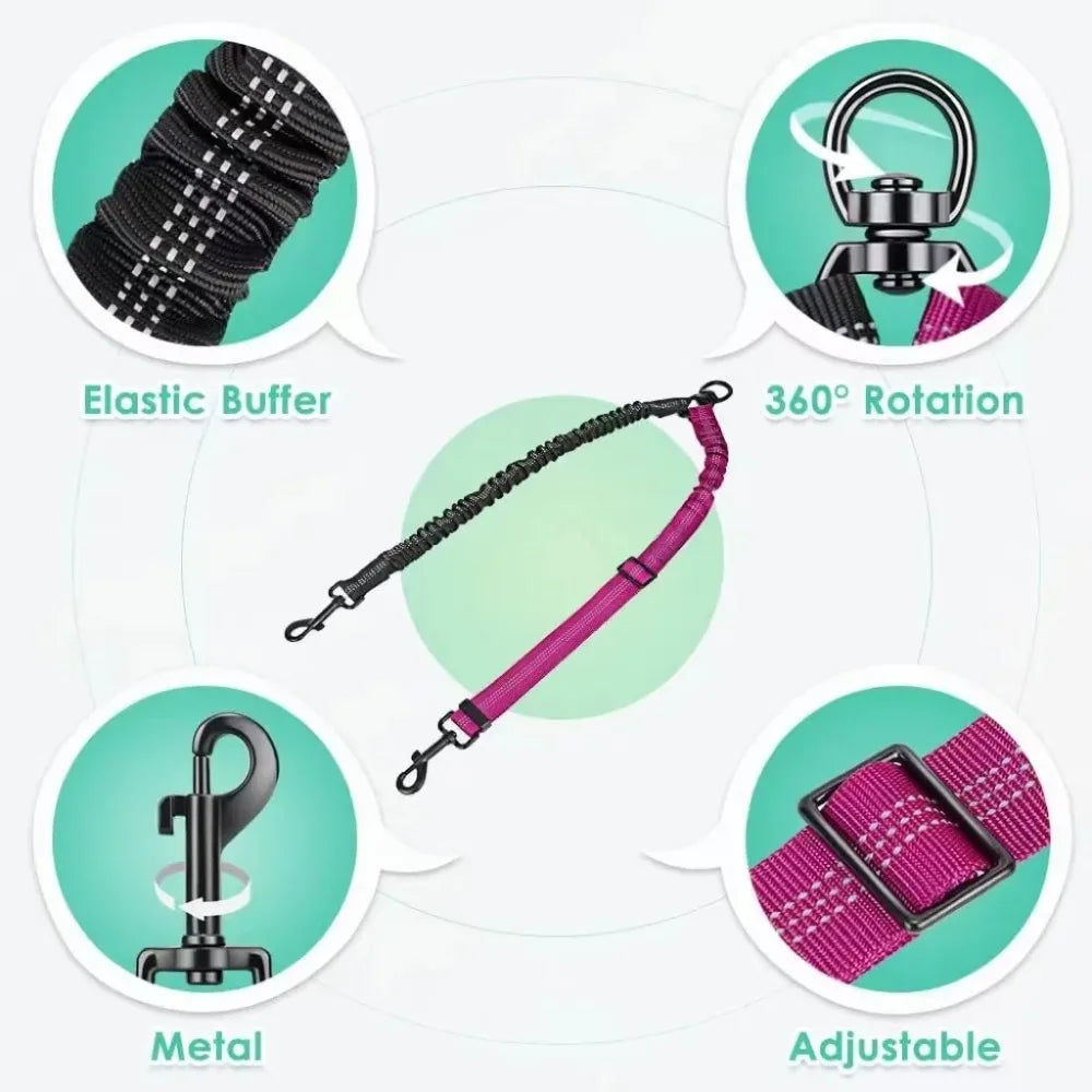 Restore peace and harmony to your daily walks. An innovative, tangle-free dual leash system that elegantly balances the different energies of your dogs while repurposing your favorite old leash.