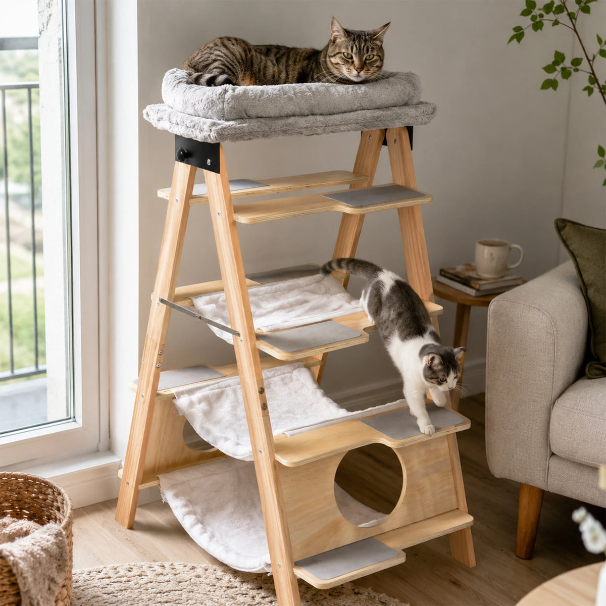Stop surrendering your living room to carpeted, hair-trapping eyesores. Give your cats the high-vantage playground they crave—in a solid wood, foldable ladder tower that looks gorgeous in any corner or window