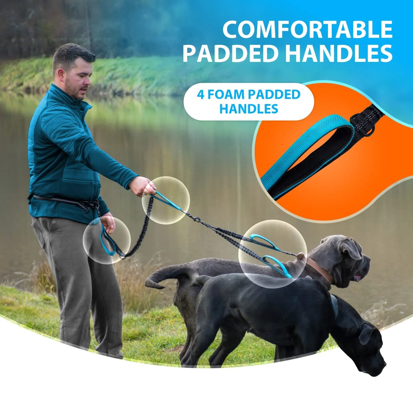 Liberate your hands and reclaim the joy of walking your pack. An all-terrain, shock-absorbing dual leash that balances mismatched energies and gives you instant close-range control over hyperactive pullers.