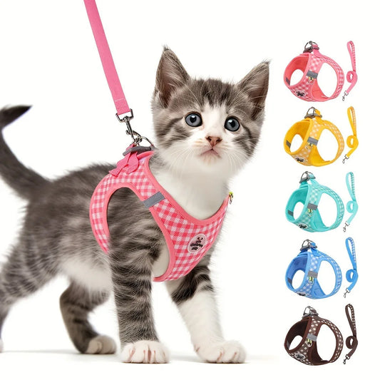 Checkered Cat & Small Dog Harness Set | Reflective Mesh Vest