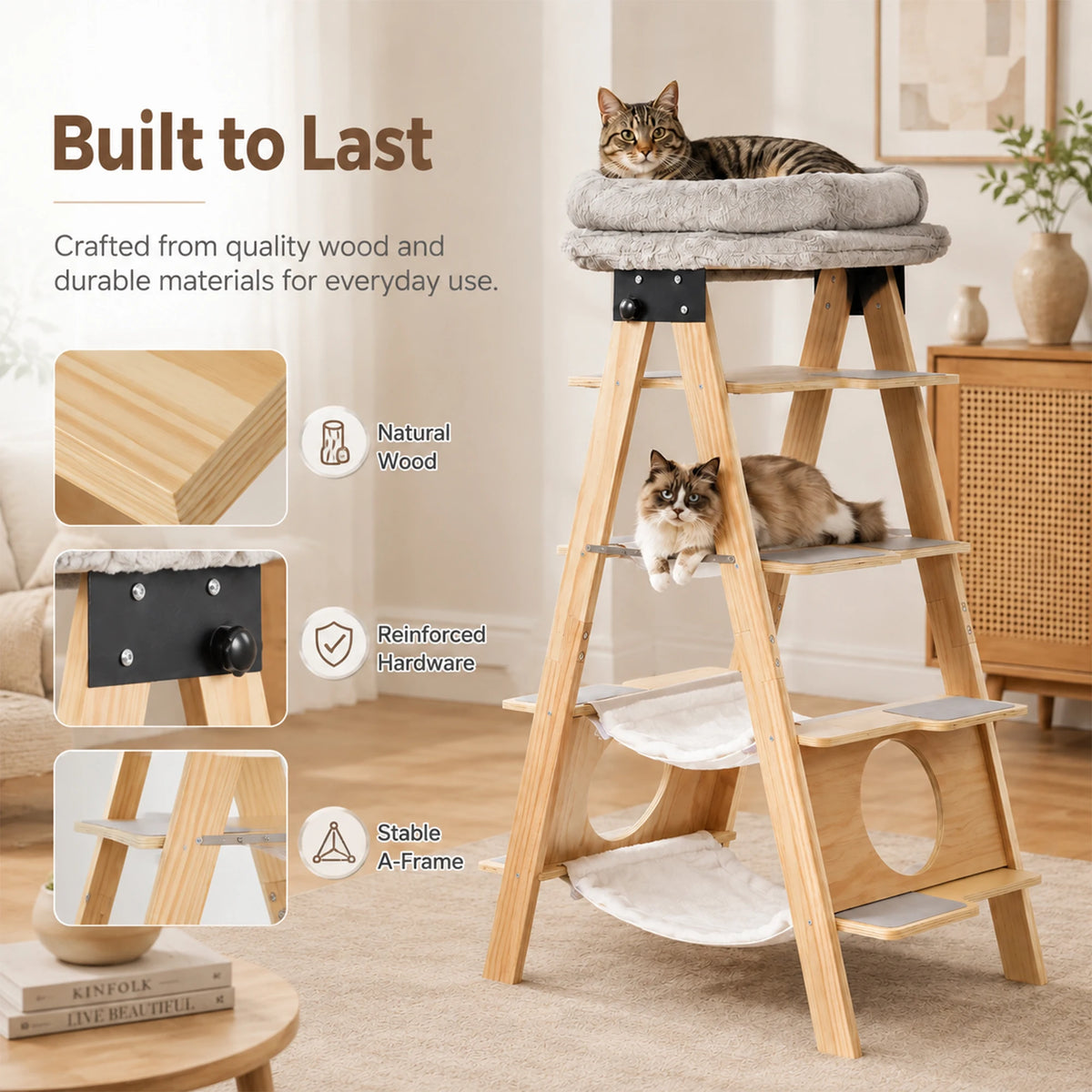 Stop surrendering your living room to carpeted, hair-trapping eyesores. Give your cats the high-vantage playground they crave—in a solid wood, foldable ladder tower that looks gorgeous in any corner or window
