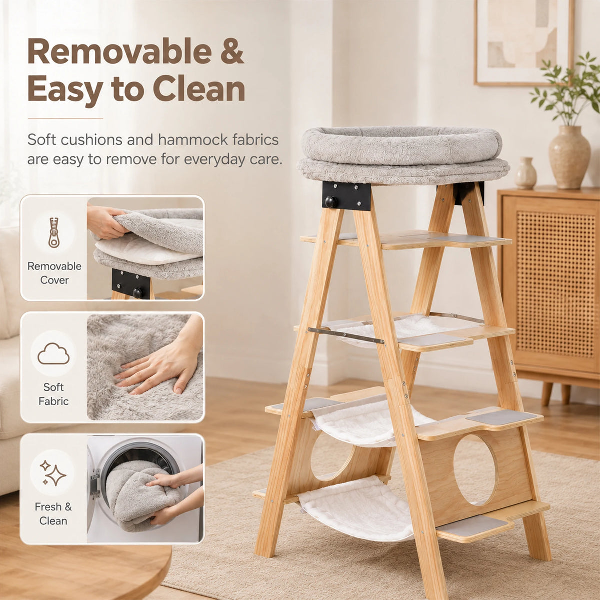Stop surrendering your living room to carpeted, hair-trapping eyesores. Give your cats the high-vantage playground they crave—in a solid wood, foldable ladder tower that looks gorgeous in any corner or window