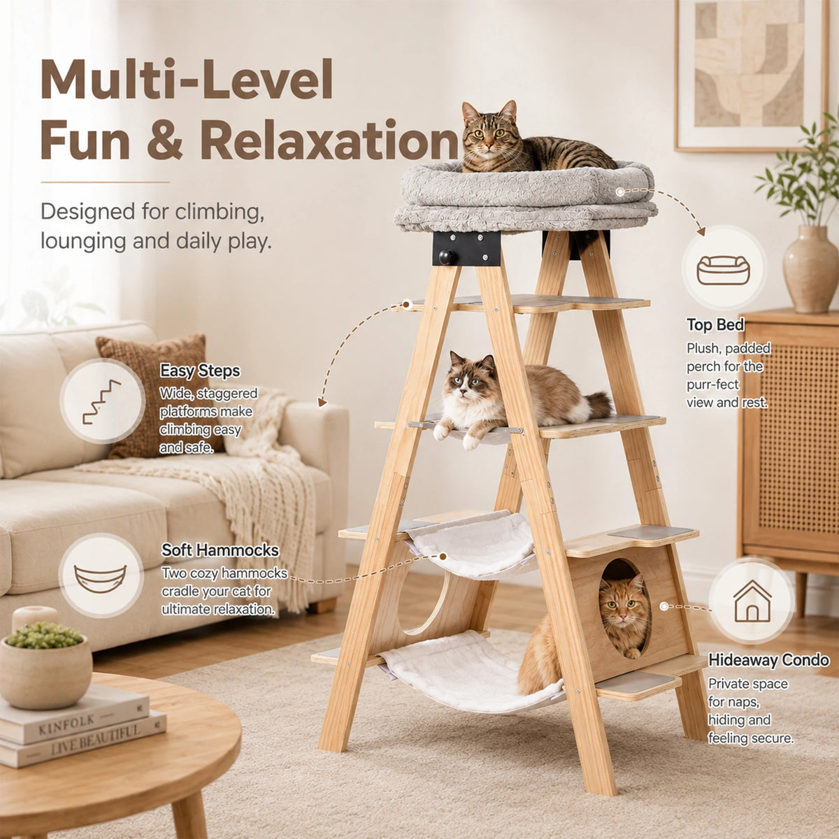 Stop surrendering your living room to carpeted, hair-trapping eyesores. Give your cats the high-vantage playground they crave—in a solid wood, foldable ladder tower that looks gorgeous in any corner or window