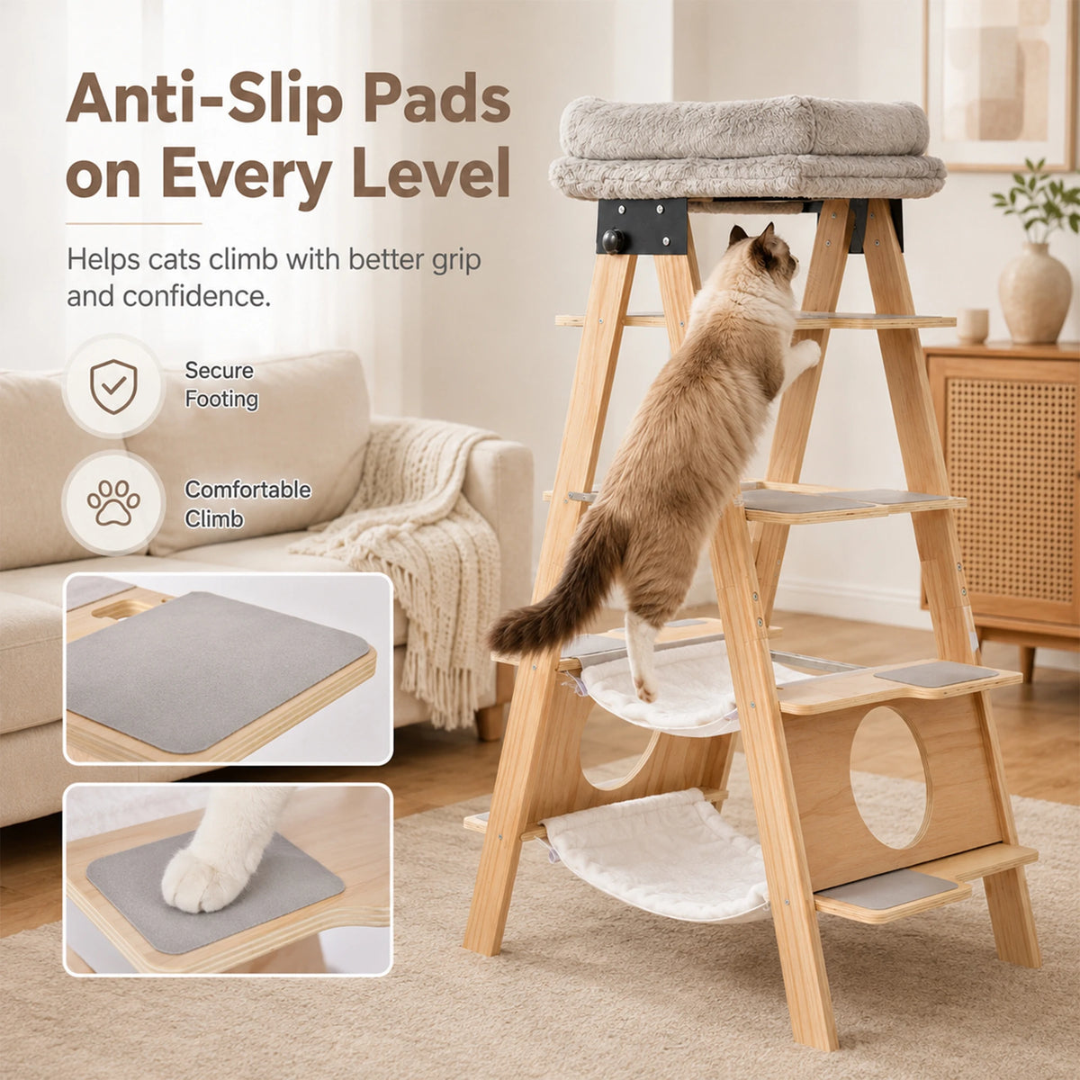 Stop surrendering your living room to carpeted, hair-trapping eyesores. Give your cats the high-vantage playground they crave—in a solid wood, foldable ladder tower that looks gorgeous in any corner or window