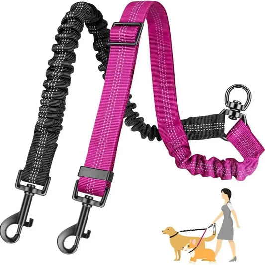 Restore peace and harmony to your daily walks. An innovative, tangle-free dual leash system that elegantly balances the different energies of your dogs while repurposing your favorite old leash.
