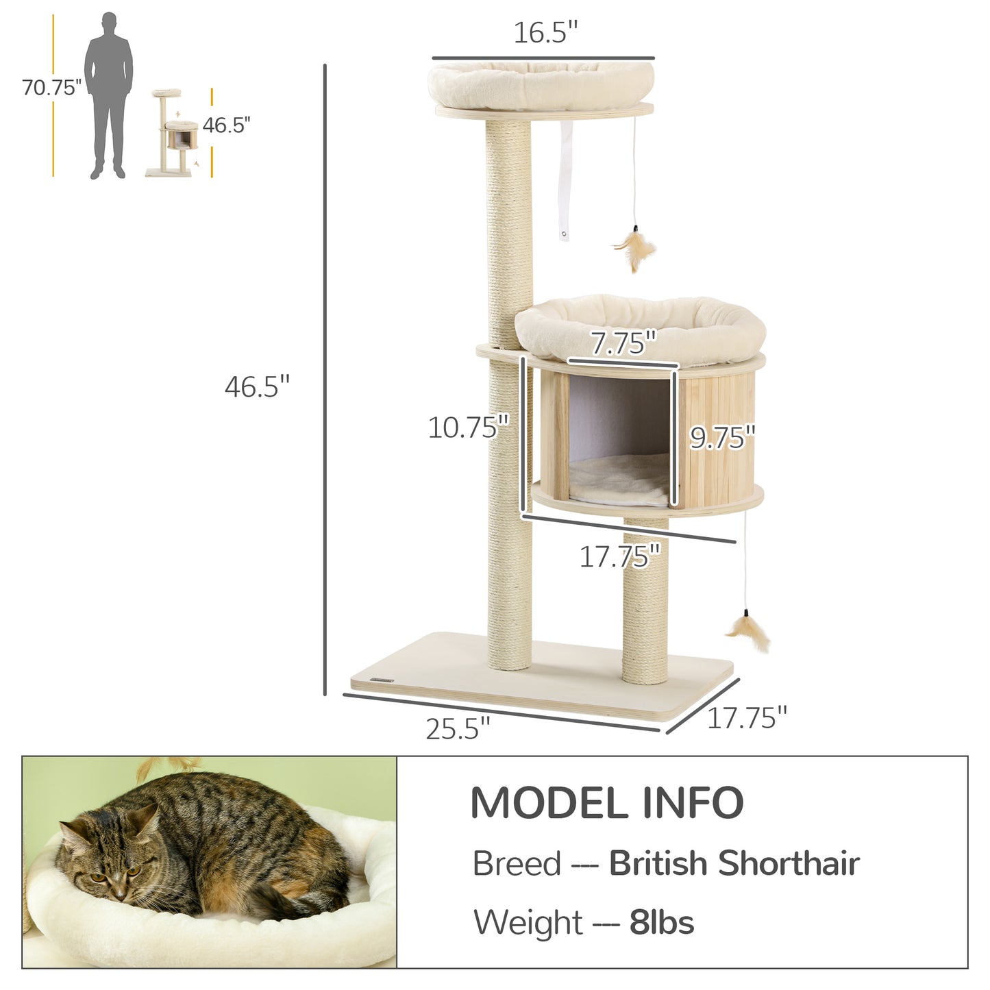 3-Level Cat Tree Tower with Condo & Bed | Interactive Badminton Toy & Scratcher