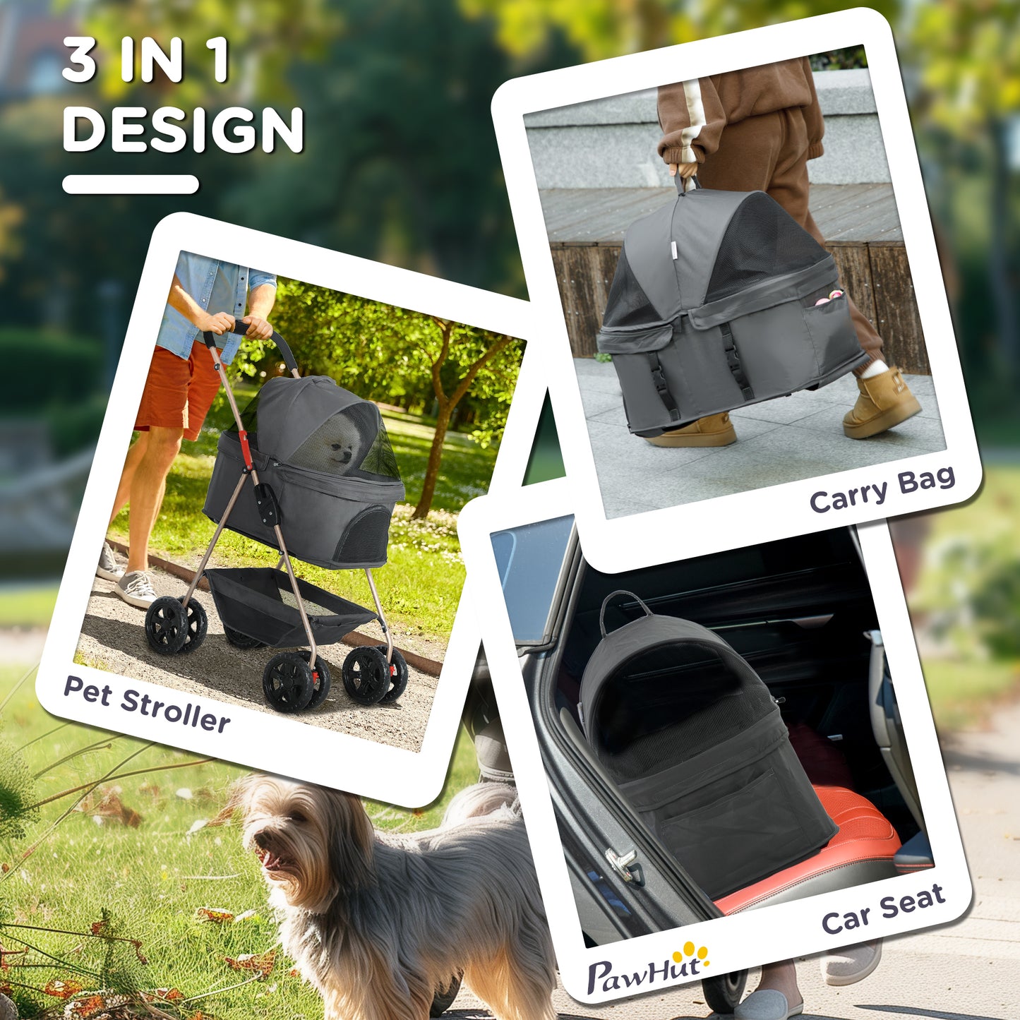 3-in-1 Pet Stroller | Detachable Carrier & Car Seat for Small Dogs Gray