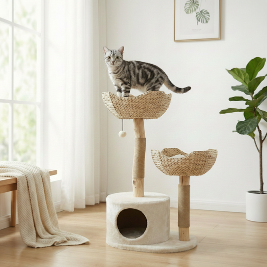 37" Modern Cat Tree with Wooden Scratching Posts | Multi-Level Condo & Washable Beds