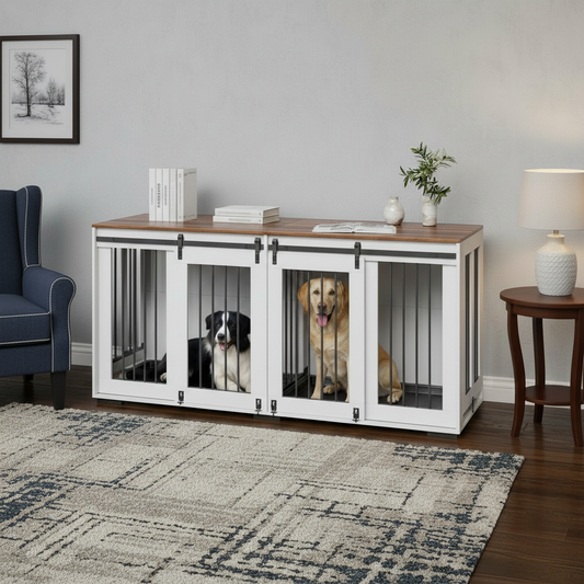 72" Double Dog Crate Furniture | Large Wooden Kennel TV Stand