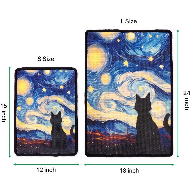 Two rectangular cat-themed mat or towel sizes shown on a white background: smaller S Size 12 x 15 inch and larger L Size 18 x 24 inch. Both feature a swirling blue and yellow starry sky print with a black cat silhouette at the bottom.