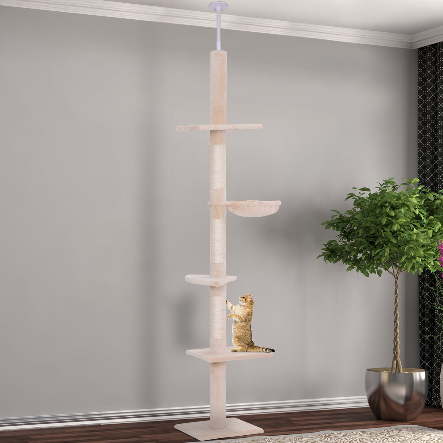102" Adjustable Floor-to-Ceiling Cat Tree | 5-Level Vertical Cat Tower with Hammock